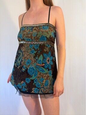Fairy Boho Paisley Peacock Blue and Brown Floral Y2K Cami